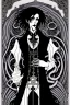 Placeholder: gothic creepy handsome black haired warlock with gothic jewelry and tentacle hands in the style of aubrey beardsley