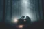 Placeholder: beard guy detective drives in a misty dark forest at night with strange light in the mist