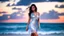 Placeholder: very nice real face beautiful sexy roman with make up at the beach standing pose in a short lace dark blue and silver dress, full body, 3D coudy sky volumetric nice clouds 8k sharp focus