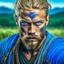 Placeholder: Blue eyed traditional blonde Viking man art with nature and swords in the background