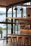 Placeholder: Intérieur cuisine avec bar dans Maison montagne design bois et béton devant baie en verre avec vue sur un lac Lumière soleil couchant