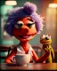 Placeholder: Pub scene, hybrid character, waitress woman with monster muppet mask that covers her entire head, retro style, Sesame Street style, smooth, unreal engine 5, god lights, ray tracing, RTX, lumen lighting, ultra detail, volumetric lighting, 3d.