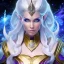 Placeholder: cosmic mage, elf, female, battle mage, epic, cosmic magic, long ears, white hair, face details, pale skin, jewellery, broad shoulders, glowing eyes, sharp ears, cosmic clothes, bright eyes, cosmic eyes, ears shown, light out of eyes, the cosmos in eyes, stars in eyes, shining eyes, small jaw, non human face, thin face, animation, detailed ears, magical eyes, non realistic