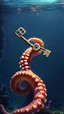 Placeholder: An octopus tentacle reaching out from the depths, holding an ancient key, flickering with light. It may be dark all around, but the key itself is bright and clear.