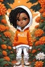 Placeholder: Create an colorful psychedelic comic book illustration of a chibi cartoon black female thick curvy wearing a cut of orange and white hoodie and white jeans and timberland boots. Prominent make up with long lashes and hazel eyes. Highly detailed shiny sister locs. Background of a large orange and white dahlia flowers all around her