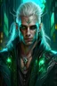 Placeholder: male, cyberpunk, glowing implants, glowing turquoise runes, nordic runes, glowing eyes, green eyes, elven ears, cruel smile, black leather jacket, runic crown, white hair, long hair, emotion of rage, hard-edge style,highly detailed, high details, detailed portrait, masterpiece,ultra detailed, ultra quality