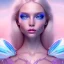 Placeholder:  beautiful, soft, whide smile face, long blonde straight hair, blue eyes, fairy wings on the back, transparent crystal blue and pink clothes, background blue and pink, big definition, 8K