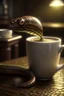 Placeholder: photorealistic leech drinking coffee