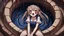 Placeholder: Anime girl with big eyes, darkblue and sepia tones, fullbody, slime, the perspective looking up from the bottom of an empty well, rolling eyes, tongue out, blood drip, open mouth,