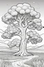 Placeholder: coloring page, tree in a meadow, cartoon style, thick lines, low detail, no shading