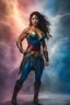 Placeholder: wonder woman extremely huge, overexaggerated muscles, posing and flexing in a front of the camera, random extreme action poses, an extremely colorful, multicolored foggy blue marble wall in the background with a colorful marble tile floor, multicolored lightning, realism engine,