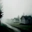 Placeholder: a eerie dreamy photo of several identical houses lined up with fog in the background liminal space