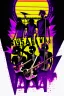 Placeholder: upclose tshirt print of a band,text on print - "Mashup", cool and trendy mix between modern music and 90s funk, selective colors, skeleton shadow figures jamming in the sunset, drums, guitars, fluits, chaotic