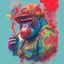 Placeholder: a detailed illustration of gorilla with a soldier's helmet, goggles, a smoking cigar in his mouth and a red bandana around his neck in cowboy style and splatters with hyper-realistic colors to use as a design on a t-shirt, full of vibrant colors, 4k, 3D vector art, fantasy art, watercolor effect, isometric style