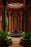 Placeholder: overgrown Hindu Temple atrium, nature, ancient black marble columns and terracotta tile floors, intricate wall carvings, waterfall, ultra-high quality, octane render, corona render, UHD, 64k, sharp details