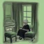 Placeholder: Old woman in a living room with armchair and fancy stools. green color pencil draft