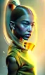 Placeholder: girl, cute, beautiful, head and shoulders portrait by Greg Rutkowski, yellow hair, pigtails with space buns, bangs, yellow dress, brown skin