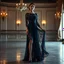 Placeholder: Full-body fashion editorial photograph of an elegant and beautiful woman. She is wearing a sophisticated, delicate dark cyan lace evening gown with modest coverage and matching high heels. Captured in a high-end luxury ballet stage setting with soft, dramatic studio lighting that highlights the texture of the lace. Graceful posture, professional model pose, realistic skin textures, cinematic atmosphere, haute couture style in a luxury stage.