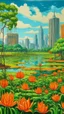 Placeholder: A green swamp with fiery orange lilies near a city designed in Navajo woven art painted by Alfred Sisley