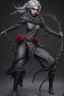 Placeholder: female gray skin, Shadar-Kai wielding a Whip made out of black thorns, clothes with a dark rose theme