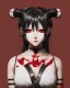 Placeholder: Detailed cute anime assassin girl, blood read hair buns, blood red bangs, black latex bodysuit, intricate details, full body portrait, keep head in frame, slight smile, black Japanese motif, concept art, highly detailed, digital painting, concept art, sharp focus, illustration, art by Yoji Shinkawa, WLOP and greg rutkowski and alphonse mucha and artgerm and yanjun Chen and Junji ito and Makoto Shinkai, HDR, octane render