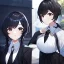 Placeholder: Clear focus, High resolution, short black hair, white and black hair, 2 hair colors, black eyes, wearing a black jacket and a white shirt, wearing a black skirt, 1girl, Genshin impact, long locks, long eyelashes, black tie