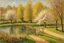 Placeholder: amazing sunny spring day, trees, flowers, fence, little pond, camille pissarro impressionism painting