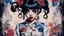 Placeholder: Poster in two gradually, a one side wears a smart shirt which is embroidered with bluered flowers and ornaments, has dark eyes and horns,malevolent goth vampire girl face and other side the Singer Melanie Martinez face, full body, painting by Yoji Shinkawa, darkblue and sepia tones,