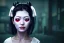 Placeholder: japan head portrait,geisha makeup, meditation, galaxy sky, 8k quality , portrait,beautiful ghost in the shell , post-apocalyptic in a sin city, realistic, intriacte detail, sci-fi fantasy style, volumetric lighting,24mm , particales,highly detailed,cinematic, deep purple , green eyes , unity engine, bloom,cinematic lighting,blue tone, octane render