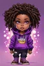 Placeholder: Create an colorful urban comic book illustration of a chibi cartoon black female thick curvy wearing a cut of purple hoodie and black jeans and timberland boots. Prominent make up with long lashes and hazel eyes. Highly detailed shiny sister locs. Background of a large bubbles all around her