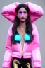 Placeholder: Ultra Realistic image, Rosalía artist, portrait, normal complexion, waist up portrait, two monkeys hair ,black eye long line, sweet face, t-shirt with holes, inflatable open coat, gold pink and blue style, spray glow make up, big geometric led jewelry, fog, hot, inflatable style latex coat, vibrant color, highly detailed, art stations, concept art, smooth, unreal engine 5, god rays, ray tracing, RTX, lumen lighting, ultra detail, volumetric lighting, 3d, finely drawn, high definition.