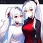 Placeholder: Clear focus, 8k, beautiful lighting, vibrant colors, girl, white hair, long hair, vibrant red eyes, ponytail, same twins, white hair, red eyes, same clothes, hair in between the eyes,