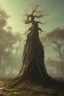 Placeholder: Cyberpunk theme, Oak tree roots holding man inside, misty sunny day, close-up portrait,