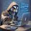 Placeholder: falcon as a hacker using the computer with human hands