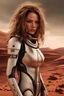 Placeholder: science fiction scene like fantasy on mars 35 years old woman long hair ultrarealistic wet skin raining, tattos photorealistic, wind is blowing, tanned skin collarbones, skinny, space ship behind, all looks like poster from 2020, women looks like model, wearing over-knee-sockets