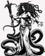 Placeholder: detailed persona, female, sword in hand, gorgon medusa, half turn, full height, leans on one leg, snakes on the head instead of hair