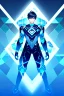 Placeholder: neon blue, floating triangle of light orbiting behind the back, cyber armor, geometric patterns on armor, male, orbiting triangle