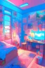Placeholder: a drawing of the girl's room is adorned with neon and light up posters, in the style of pastel, anime aesthetic