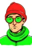 Placeholder: A yung caucasian shaved man with huge black sun glasses wearing a green winter hat, and a red t-shirt. Cartoon style.