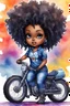 Placeholder: create an watercolor illustration of a chibi cartoon voluptuous black female wearing a blue jean outfit with a tie dye tshirt with biker boots. Prominent make up with hazel eyes. Extremely highly detail of a tight curly black and shiny afro. Background of a bike show