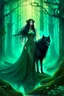 Placeholder: In the heart of a dense and enigmatic forest with towering ancient trees cloaked in emerald foliage stood a bewitching sorceress possessing an ethereal allure her lustrous hair cascading in ebony waves down to her slender waist that turns into roots In the background a faithful companion a majestic canine of Belgian shepherd lineage roamed at her side its eyes illuminated by an otherworldly crimson glow exuding an aura both mysterious and demonic