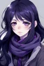 Placeholder: Anime style, dark black haired, purple eyes girl with purple scarf, long hair, cute neutral expression, stoic