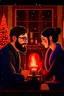 Placeholder: Fire place Christmas scene, dark haired couple, man with short black beard and glasses, blue eyes, young couple, graphic