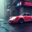 Placeholder: photo of porsche rwb; in an alternate universe in tokyo; cyberpunk; realistic; rain; neon signs