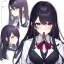 Placeholder: High quality, Detailed, Black long hair, Purple eyes, mouth open, blushing, office lady clothes, concept art