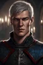 Placeholder: Adult man fusing Alan Ritchson and Jack Reacher's features, fair complexion, sporting short silver hair, dressed in black and red medieval attire, intense blue eyes, dynamic portrait, graphic novel style, digital art, dramatic lighting, high detailed, House of the Dragon, Game of Thrones