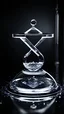 Placeholder: A transparent symbol of a scale featuring two scales, the Libra symbol, and a balance of proportions made of diamond and water. The floor is made of water. Black background. Dramatic lighting.