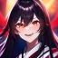 Placeholder: Clear focus, 8k, beautiful lighting, vibrant colors, girl, black long hair, vibrant red eyes, hair in between the eyes, laughing, angry, up close, kimono