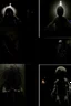 Placeholder: arcane montage, minimalism, found footage with an unsettling dread. The grainy image reflects dull colors exacerbating an atmospheric gloom. unusual juxtapositions - a fantastical segmented arm evolving into an anthropomorphic husk doll across several panels, extreme contrast