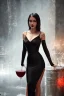 Placeholder: Most beautiful gorgeous bartender black sheer simple split dress, full body shoy ,((red lips, intimate, appealing)), creamy smooth thigh exposed, perfect proportions :: beautiful black eyes :: ((bar background, dim lighting)) :: head and shoulders portrait, ruins, little smile, 8k resolution concept art portrait by Greg Rutkowski, Artgerm, WLOP, Alphonse Mucha dynamic lighting hyperdetailed intricately detailed Splash art trending on Artstation triadic colors Unreal Engine 5 volumetric lighting,